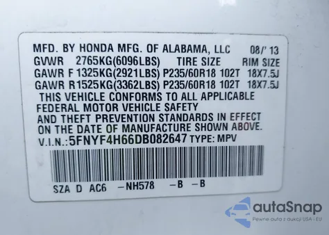 2013 Honda Pilot Ex-L из США, поврежденный, VIN 5FNYF4H66DB082647